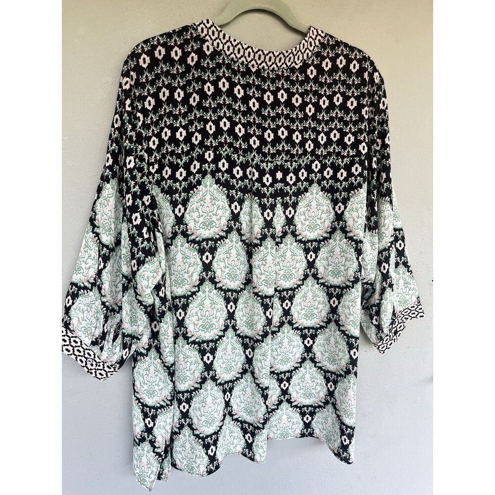 Rose + Olive Blouse 3x Black Green Floral Split Neck Boho Peasant Popover Top - Picture 12 of 15